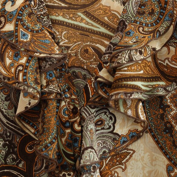 Women's Ruffle Top Paisley Blouse Brown Tan Chiffon Office Wear Dressy Casual - Picture 2 of 6
